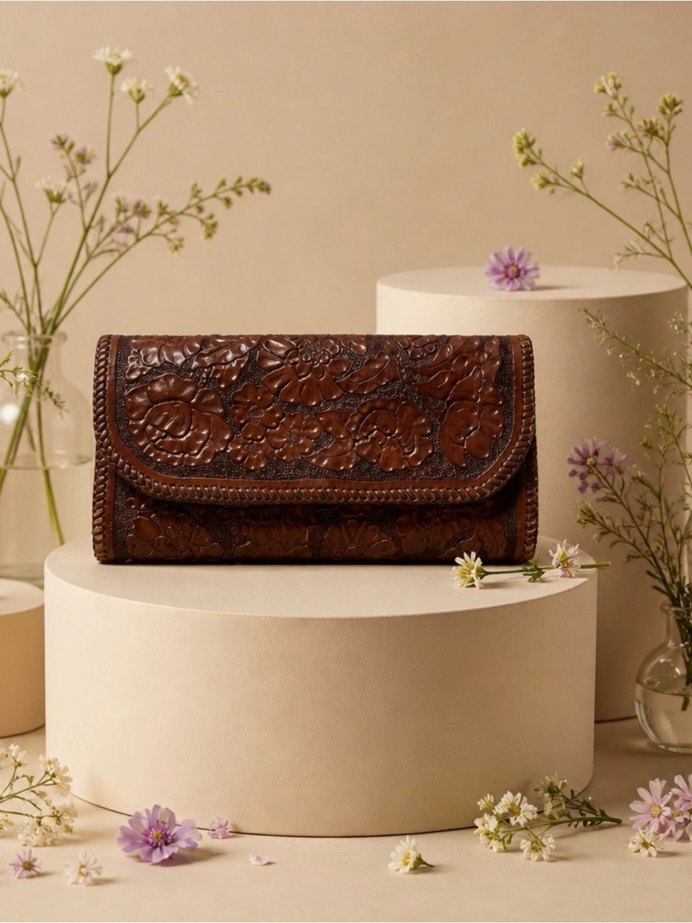 Hand-Tooled Floral Leather Clutch Wallet - Brown
